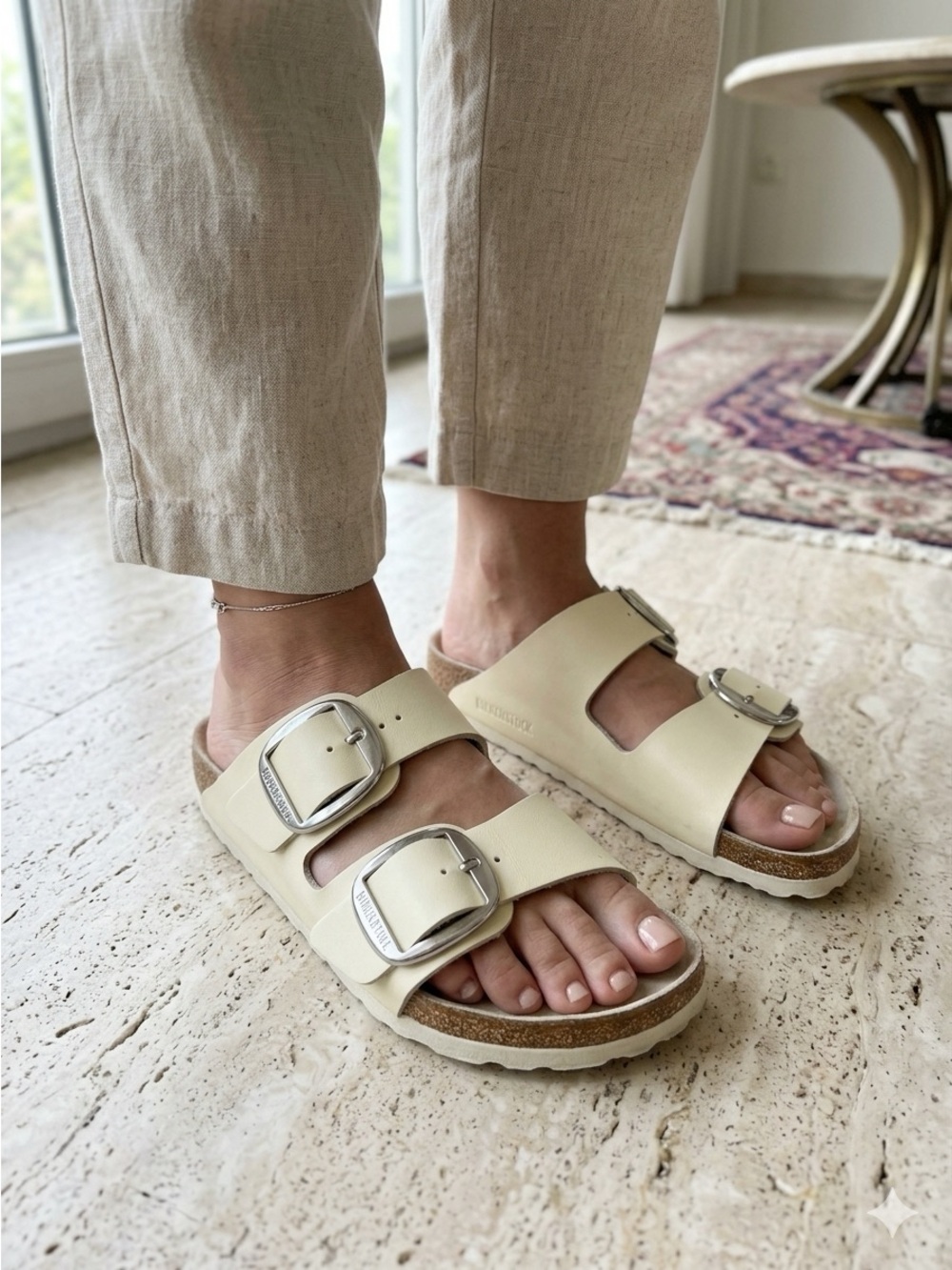 Birkenstock Arizona Big Buckle Natural Leather Patent High Shine Ecru